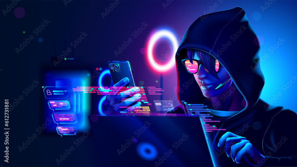 Poster Hacker or phone scammer in hood hacking at computer and mobile smartphone in dark room. Computer criminal uses malware on phone to hack devices. Hacker in dark hoodie in room with neon light using pc