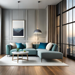 Interior of Living Room Modern style with Grey fabric sofa, Wooden side table, and white ceiling lamp on Wooden floor, Generative AI 