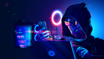Hacker or phone scammer in hood hacking at computer and mobile smartphone in dark room. Computer criminal uses malware on phone to hack devices. Hacker in dark hoodie in room with neon light using pc - obrazy, fototapety, plakaty
