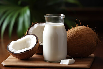 Glass with coconut milk and fresh coconuts.