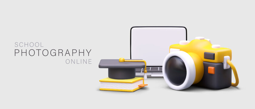 Photo school online. Courses of different complexity. Practicing lecturers. Cool portfolio after graduation. Advertising template with 3D illustration