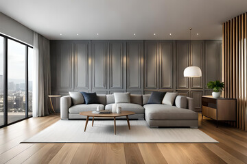 Naklejka na ściany i meble Interior of Living Room Modern style with Grey fabric sofa, Wooden side table, and white ceiling lamp on Wooden floor, Generative AI 