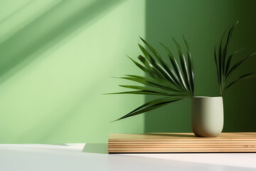 Modern minimal empty matte green counter table top, bamboo palm tree in sunlight, leaf shadow on green wall background for luxury organic cosmetic, skin care, beauty treatment product display 