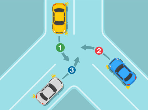 Safe driving tips and traffic regulation rules. Turning priority at Y-intersection. Top view of a traffic flow. Flat vector illustration template.