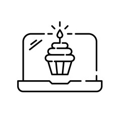 Birthday cupcake with candle on laptop. Anniversary celebration or promotion. Pixel perfect, editable stroke simple icon