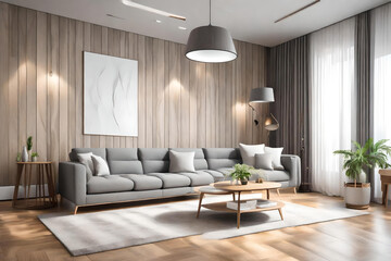 Fototapeta premium Interior of Living Room Modern style with Grey fabric sofa, Wooden side table, and white ceiling lamp on Wooden floor, Generative AI 