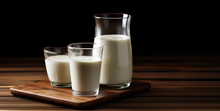 Several glasses with milk on a dark background.