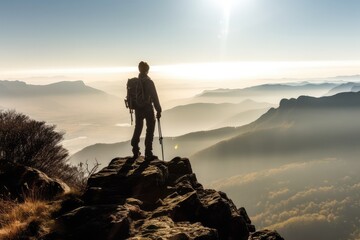 Fototapeta premium Hiker with backpack standing on the edge of a cliff and looking into the misty valley. Hiker at the summit of a mountain overlooking a stunning view. generative AI