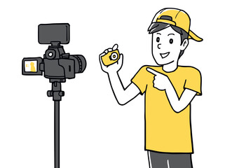 Young male in front of a video camera taking a Vlog, illustration vector