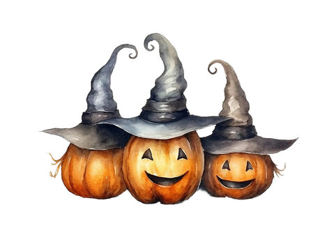 Cute halloween pumpkin watercolor style. Halloween pumpkins wearing witch hat, party elements set isolated on white background