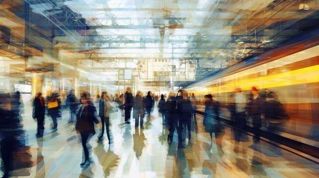 Blurred motion of people walking in modern train station, abstract background