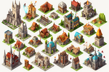 Human City Buildings Fantasy game assets - Isometric Vector Illustration