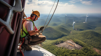 Inspection engineers prepare to descend down the towering rotor blade of a wind turbine amidst a breathtaking natural backdrop. Generative AI