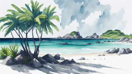A watercolor contemporary landscape of a beautiful beach in the Seychelles. The concept of travel and tourism. - obrazy, fototapety, plakaty
