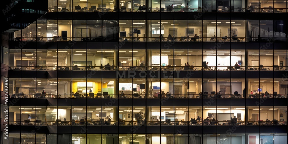Aufkleber outside view of office building at night many window with business people working inside. generative