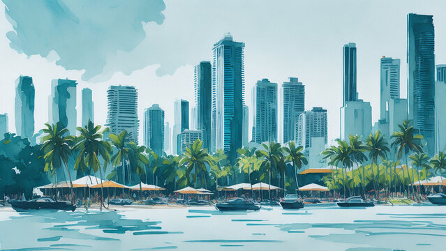 A watercolor contemporary landscape of Miami, Florida. The concept of travel and tourism.