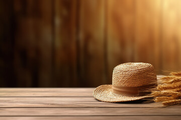 a straw hat sitting on top of a wooden table