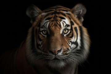 Fototapeta premium The tigers face is well focused on a dark backdrop. Generative AI
