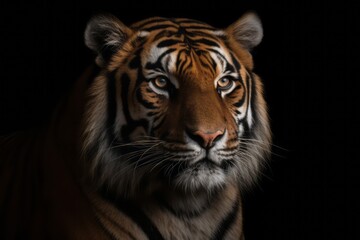 The tigers face is well focused on a dark backdrop. Generative AI