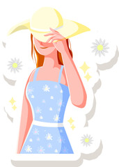 Girl With Beach Hat Sticker Vector Illustration