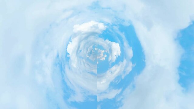 Equirectangular to Rectilinear Panorama. Blue cloudy sky background, time lapse 4k. Beautiful fluffy clouds fast moving.
