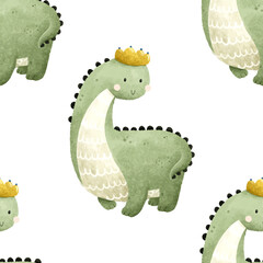 Childish seamless dino pattern..Kids baby pattern with cute dinosaurs. Seamless repeating pattern with green dinosaurs with crown. Seamless vector pattern with cute tyrannosaur. Scandinavian childish 