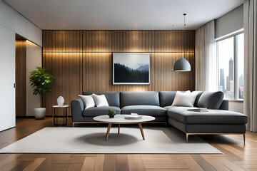 Interior of Living Room Modern style with Grey fabric sofa, Wooden side table, and white ceiling lamp on Wooden floor, Generative AI 