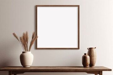 Fototapeta na wymiar Modern Wooden Table with Empty White Picture Frames. Blank Mockup for Home Decor. Interior Design Background with Copy Space