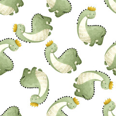 Childish seamless dino pattern..Kids baby pattern with cute dinosaurs. Seamless repeating pattern with green dinosaurs with crown. Seamless vector pattern with cute tyrannosaur. Scandinavian childish 