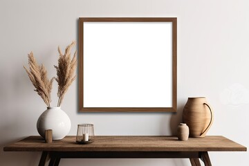 Fototapeta premium Modern Wooden Table with Empty White Picture Frames. Blank Mockup for Home Decor. Interior Design Background with Copy Space
