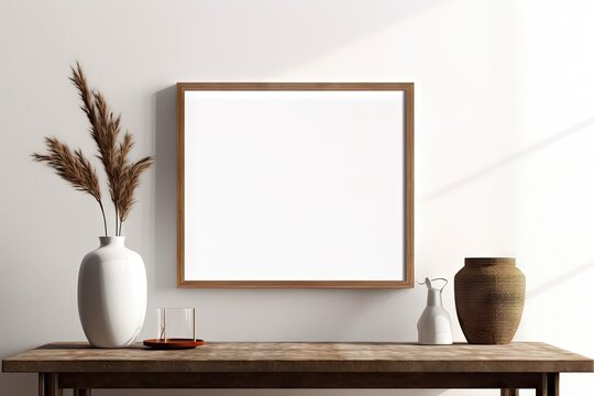 Modern Wooden Table with Empty White Picture Frames. Blank Mockup for Home Decor. Interior Design Background with Copy Space