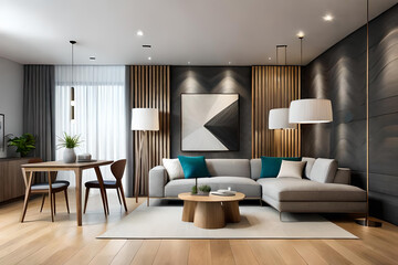 Interior of Living Room Modern style with Grey fabric sofa, Wooden side table, and white ceiling lamp on Wooden floor, Generative AI 