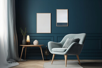Blank picture frame mockup on blue wall. Modern living room design. generative AI