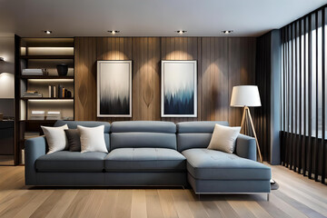 Interior of Living Room Modern style with Grey fabric sofa, Wooden side table, and white ceiling lamp on Wooden floor, Generative AI 