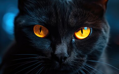 Black cat portrait with yellow eyes. Generative AI.