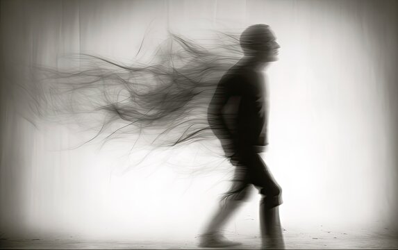 Black and white silhouette photo of a person with curve wave. Generative AI.