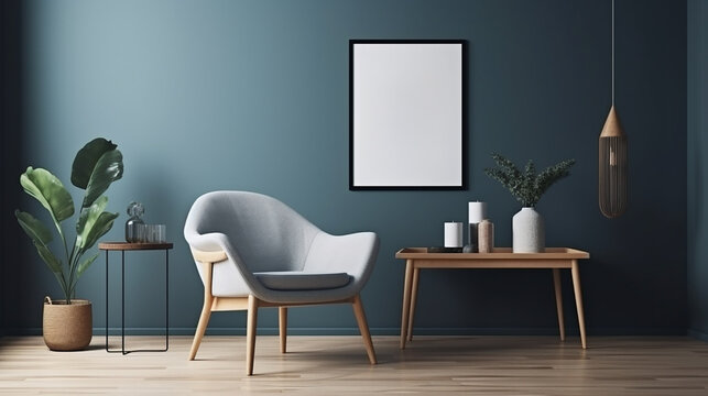 Blank picture frame mockup on blue wall. Modern living room design. generative AI