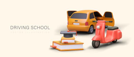 Learning to drive different vehicles. Modern driving school. Study of traffic rules. Certified drivers license. 3D plasticine illustration, place for text