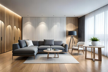 Fototapeta premium Interior of Living Room Modern style with Grey fabric sofa, Wooden side table, and white ceiling lamp on Wooden floor, Generative AI 