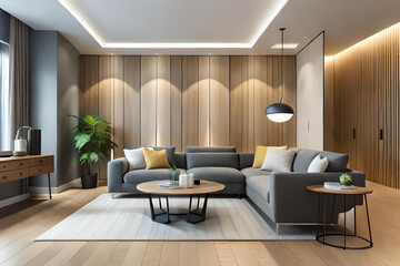 Fototapeta premium Interior of Living Room Modern style with Grey fabric sofa, Wooden side table, and white ceiling lamp on Wooden floor, Generative AI 