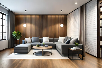 Interior of Living Room Modern style with Grey fabric sofa, Wooden side table, and white ceiling lamp on Wooden floor, Generative AI 