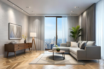 Fototapeta premium Interior of Living Room Modern style with Grey fabric sofa, Wooden side table, and white ceiling lamp on Wooden floor, Generative AI 