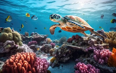 Naklejka na ściany i meble Turtle swimming under the sea with corals. Generative AI.