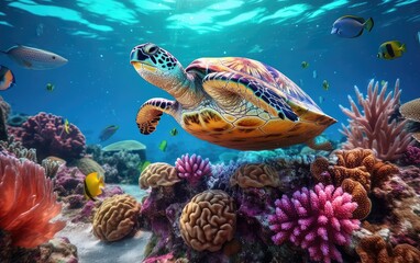 Obraz na płótnie Canvas Turtle swimming under the sea with corals. Generative AI.