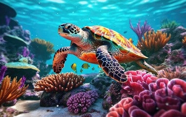 Turtle swimming under the sea with corals. Generative AI.