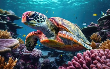 Obraz premium Turtle swimming under the sea with corals. Generative AI.