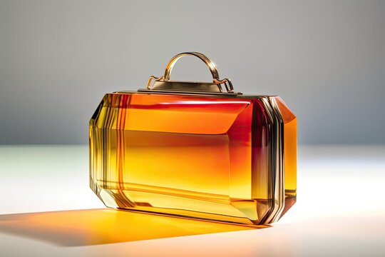 A golden transparent jewelry box on gradient background. 