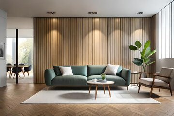 Fototapeta premium Interior of Living Room Modern style with Grey fabric sofa, Wooden side table, and white ceiling lamp on Wooden floor, Generative AI 