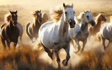 Fototapeta premium Horses running in the meadow at the sunset lighting. Generative AI.