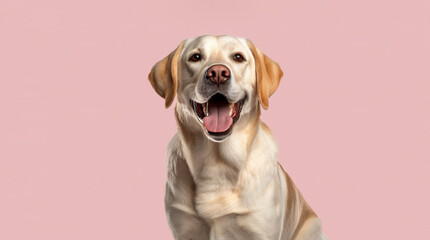 Labrador retriever cream, fawn color on a pink background. Copy space.